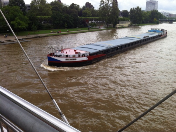 A river boat in Frankfurt - the flooded river was droping