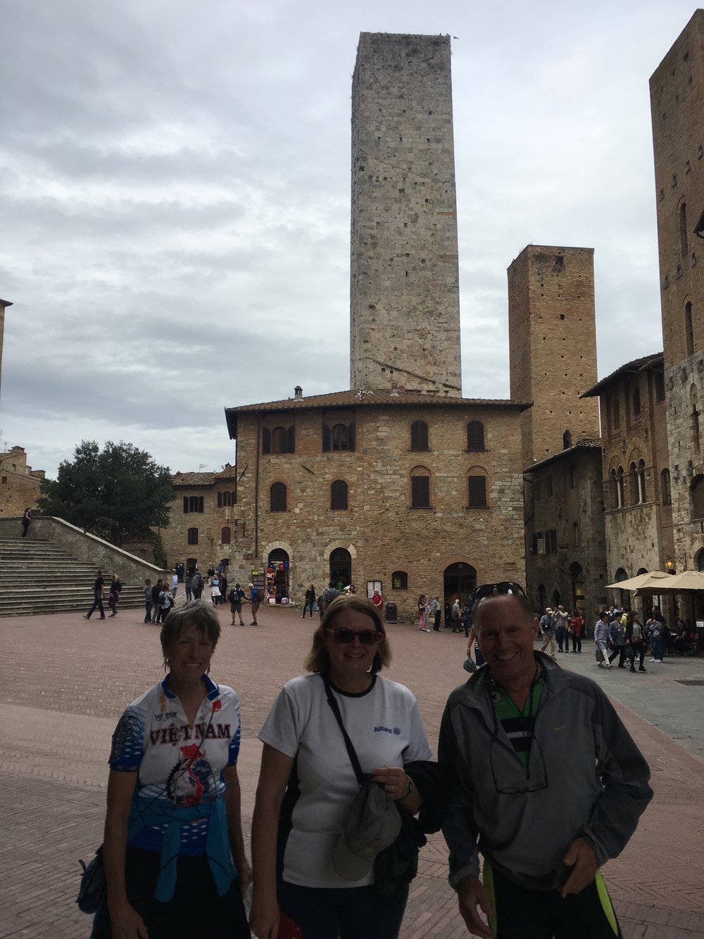 Becky, Karen and Charlie being tourists in San Gimignano  