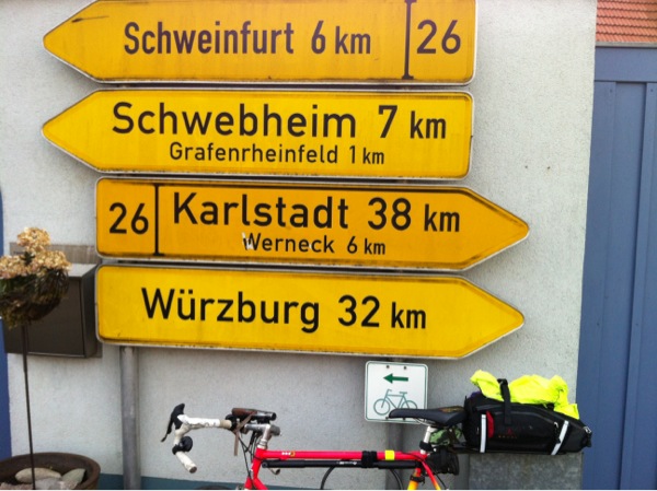 Heading back to Wurzburg - the start of my cycling adventure a week before. Note the little cycle track sign.