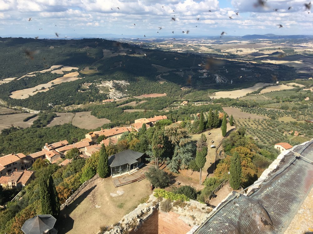 View from the Rocca di Tentennana Tower; Bagno Vignoni centre; Note the swarm of inserts.