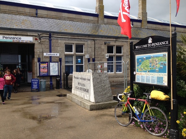 The bicycle assembled and ready to start the ride from Penzance to Land's End. All the stations were historic.