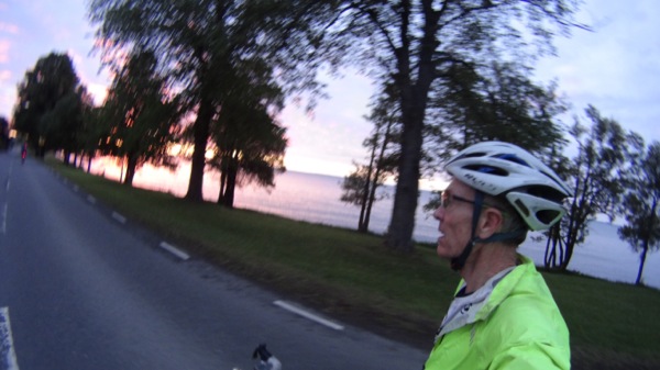 Around 3:30am, the sun rising over the lake. There were long stints of solo riding into the headwind, until I found a bunch at the right pace.